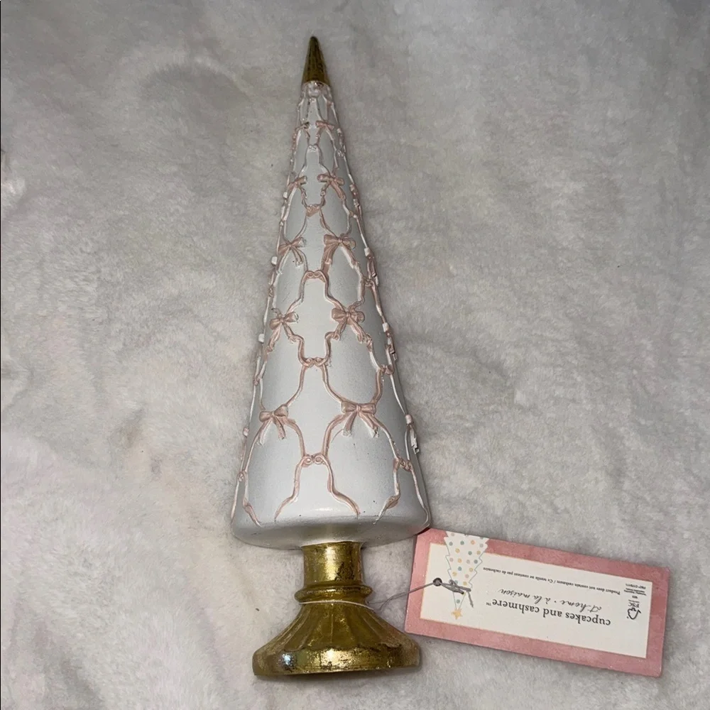 Cupcakes and cashmere Christmas Tree pink bows across white cone & gold base